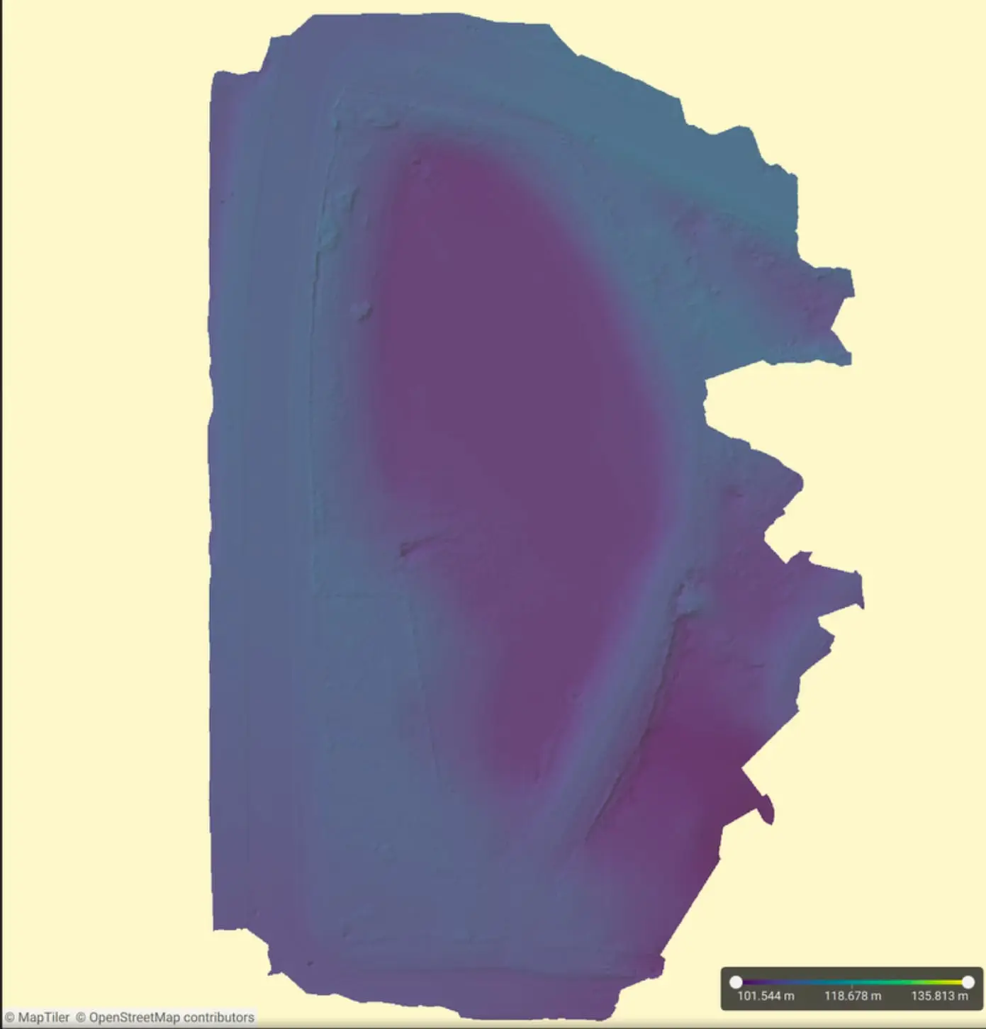 Digital surface model with purple-to-yellow elevation color scale