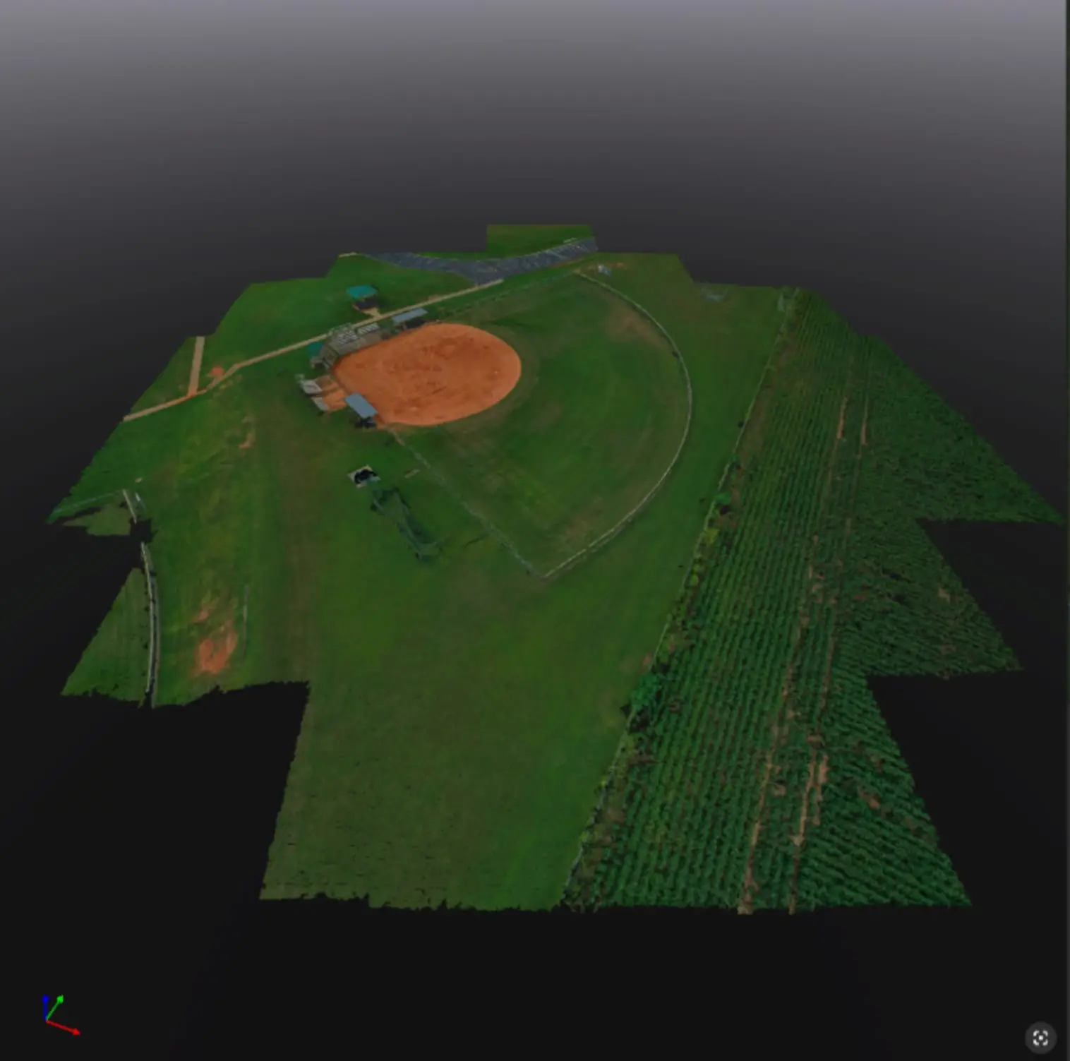 Oblique 3D point cloud of a baseball field and surrounding grounds