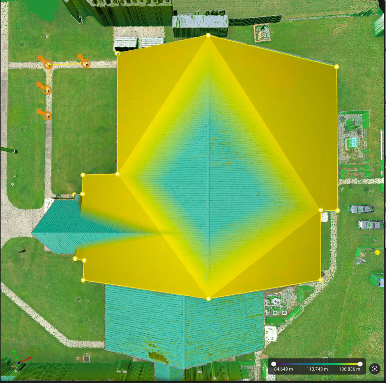 Elevation-colored 3D roof model with measurement markers