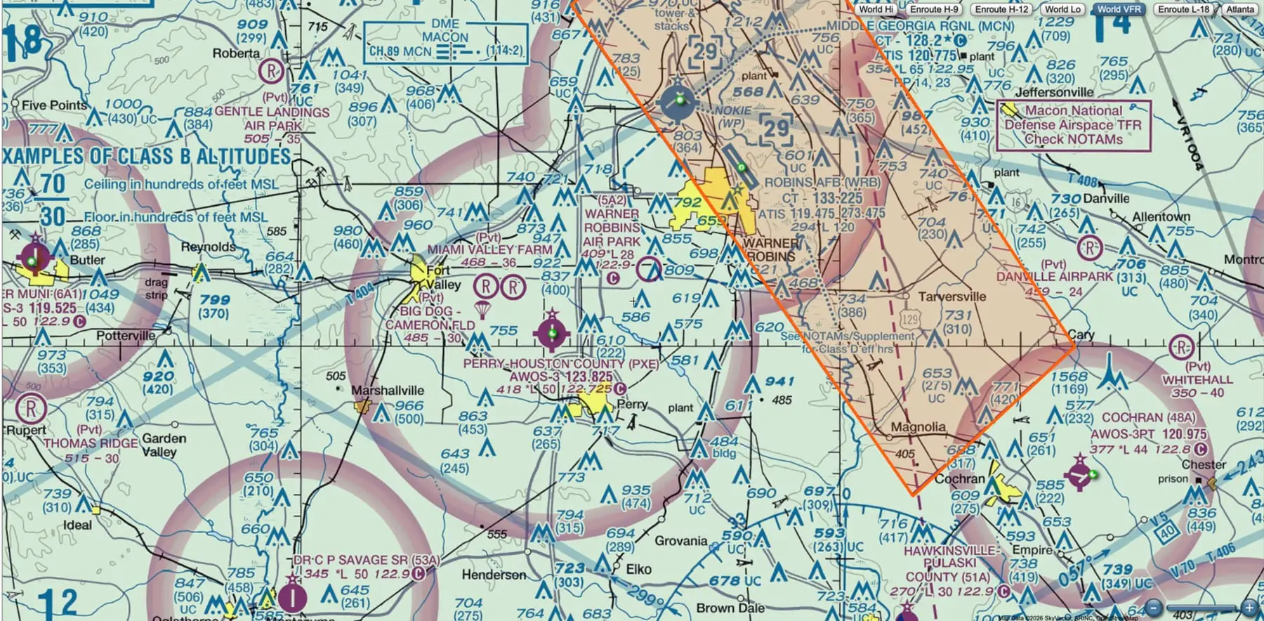 VFR sectional chart of the Warner Robins and Macon area showing Robins AFB airspace