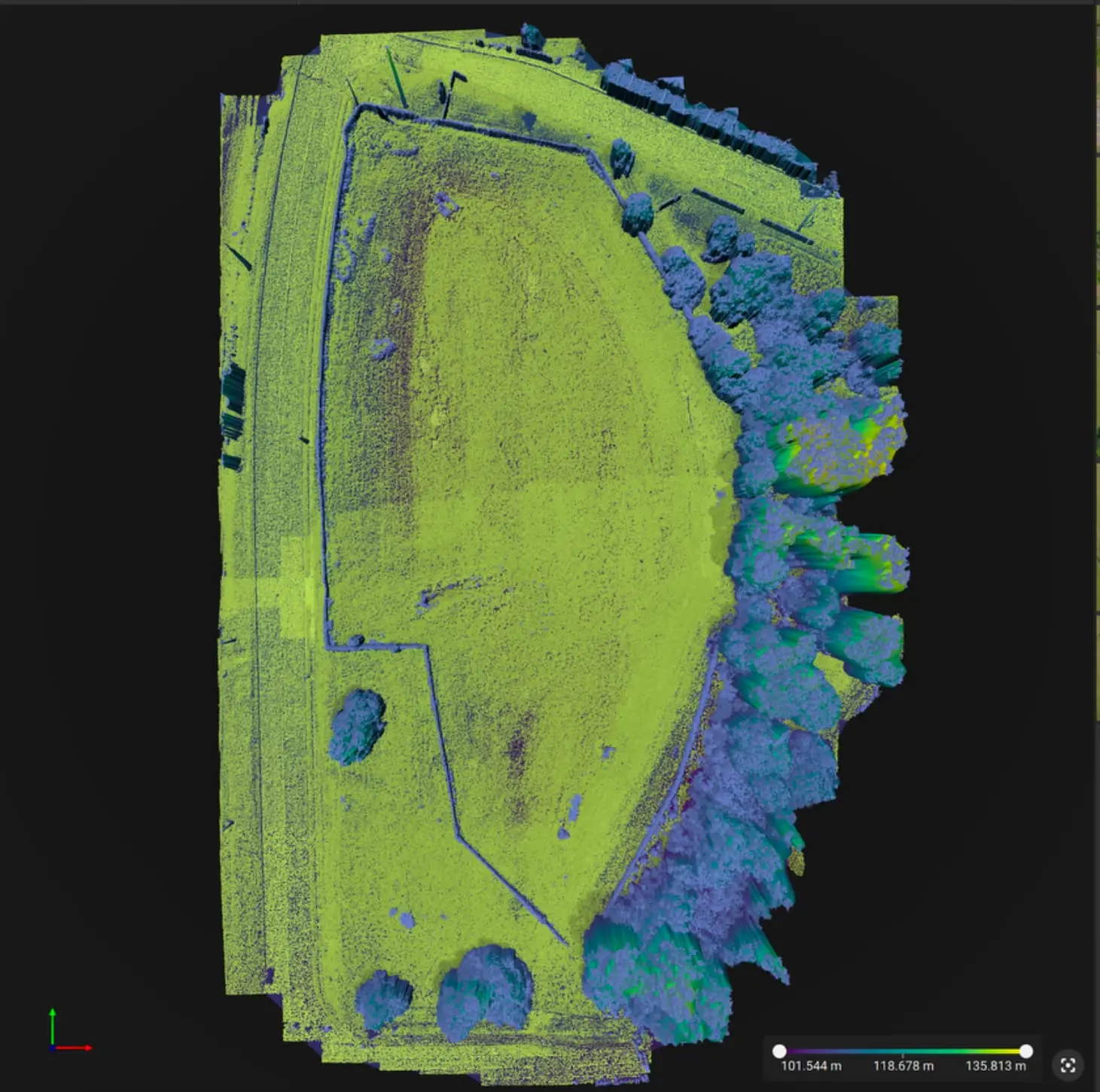 Classified point cloud showing ground in yellow and trees in blue